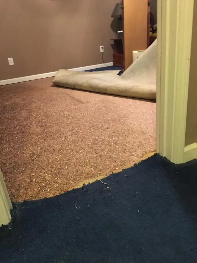 Carpet pad removal revealing water damage during Water Mitigation Services in Southampton